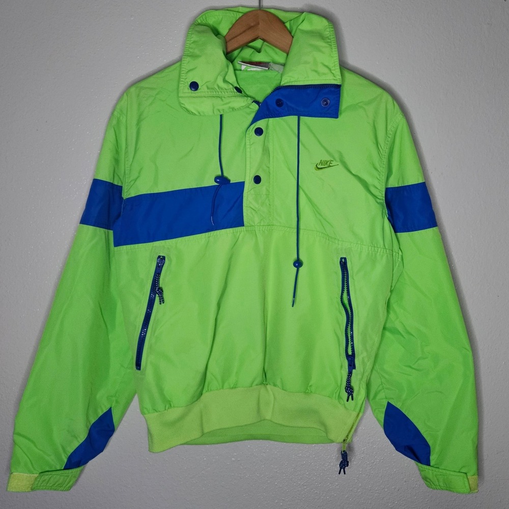 Vintage Nike Windbreaker Jacket Neon Green Blue 90s Pullover Hooded Mens